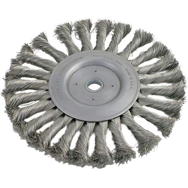 Brush Research Mfg. - 4" OD, 5/8-11 Arbor Hole, Knotted Stainless Steel Wheel Brush - 1/2" Face Width, 13/16" Trim Length, 20,000 RPM - All Tool & Supply