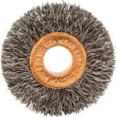 Brush Research Mfg. - 1-1/2" OD, 3/8" Arbor Hole, Crimped Carbon Wheel Brush - 1/4" Face Width, 3/8" Trim Length, 20,000 RPM - All Tool & Supply