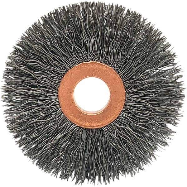Brush Research Mfg. - 3-1/2" OD, 1/2" Arbor Hole, Crimped Stainless Steel Wheel Brush - 5/8" Face Width, 5/16" Trim Length, 20,000 RPM - All Tool & Supply