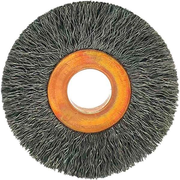 Brush Research Mfg. - 1-1/2" OD, 3/8" Arbor Hole, Crimped Carbon Wheel Brush - 1/4" Face Width, 3/8" Trim Length, 20,000 RPM - All Tool & Supply