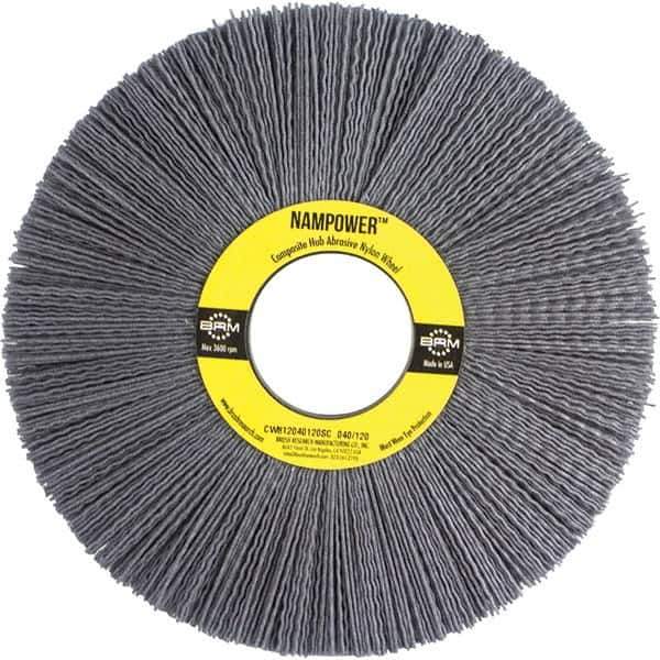 Brush Research Mfg. - 8" OD, 2" Arbor Hole, Crimped Abrasive Nylon Wheel Brush - 1/2" Face Width, 2-1/2" Trim Length, 3,600 RPM - All Tool & Supply