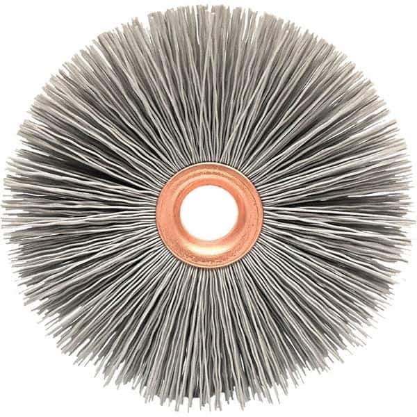 Brush Research Mfg. - 3-1/2" OD, 1/2" Arbor Hole, Crimped Abrasive Nylon Wheel Brush - 3/4" Face Width, 3/16" Trim Length, 20,000 RPM - All Tool & Supply