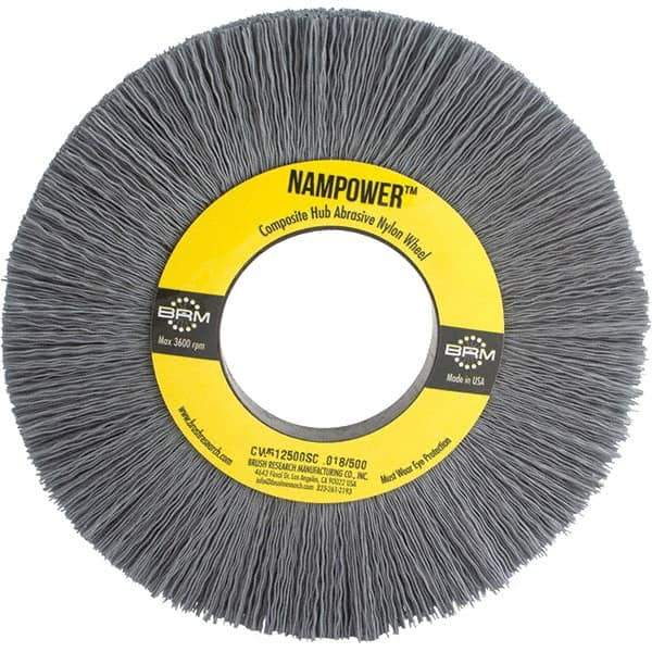 Brush Research Mfg. - 6" OD, 2" Arbor Hole, Crimped Abrasive Nylon Wheel Brush - 1/2" Face Width, 1-1/2" Trim Length, 3,600 RPM - All Tool & Supply