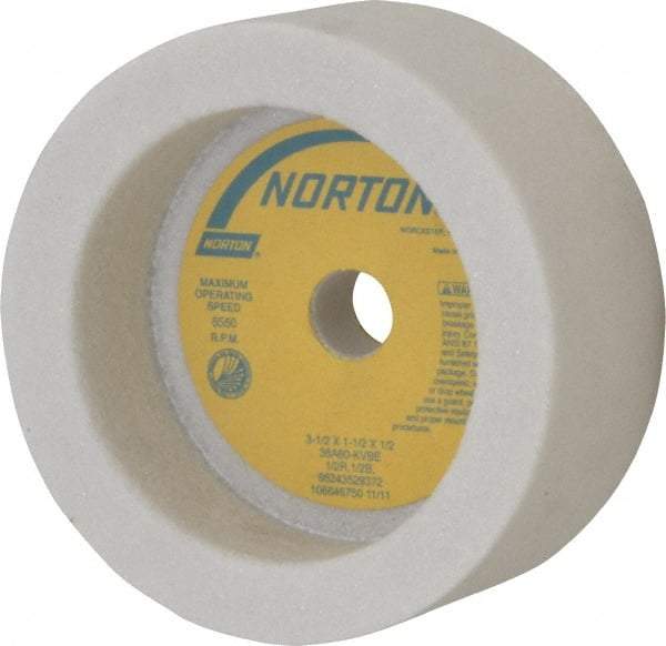 Norton - 3-1/2" Diam, 1/2" Hole Size, 1-1/2" Overall Thickness, 60 Grit, Type 6 Tool & Cutter Grinding Wheel - Medium Grade, Aluminum Oxide, K Hardness, Vitrified Bond, 6,550 RPM - All Tool & Supply