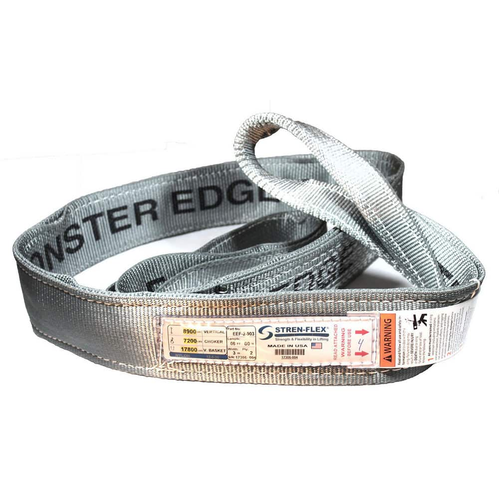 Slings & Tiedowns (Load-Rated); Sling Type: Eye & Eye; Length (Feet): 12; Vertical Capacity (Lb.): 8900; Choker Capacity (Lb.): 7200; Width (Inch): 3; Basket Capacity (Lb.): 17800; Eye Type: Twisted Eye; Sling Material: Nylon; Sling Width: 3 in; Eye Lengt