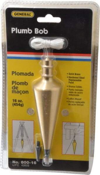 General - 5-3/4 Inch Long, 1-1/2 Inch Diameter Brass Plumb Bob - 16 Ounce, Has Replacable Tip - All Tool & Supply