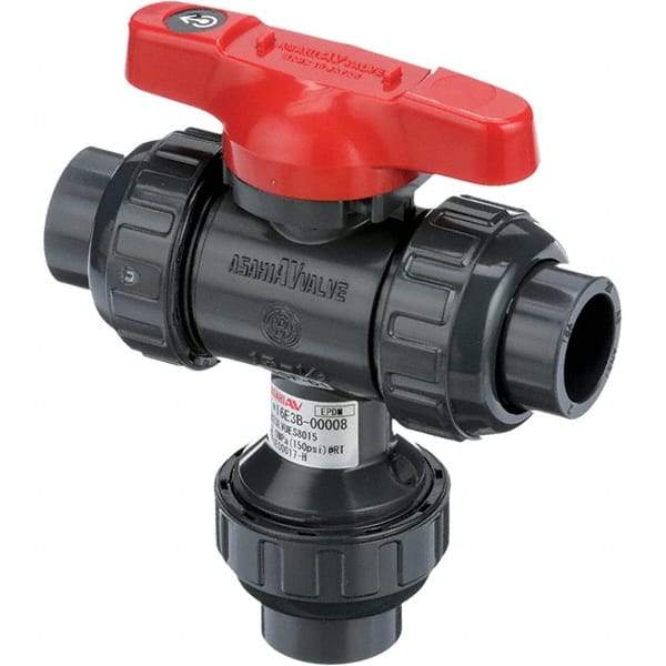 Asahi/America - 3" Pipe, Full Port, PVC Multiport Ball Valve - Three Way, Socket Ends, Tee Handle - All Tool & Supply