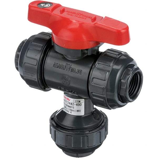 Asahi/America - 1" Pipe, Full Port, PVC Multiport Ball Valve - Three Way, Threaded Ends, Tee Handle - All Tool & Supply