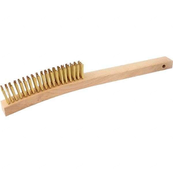 Brush Research Mfg. - 4 Rows x 19 Columns Brass Scratch Brush - 5-3/4" Brush Length, 13-3/4" OAL, 1-1/8 Trim Length, Wood Curved Back Handle - All Tool & Supply