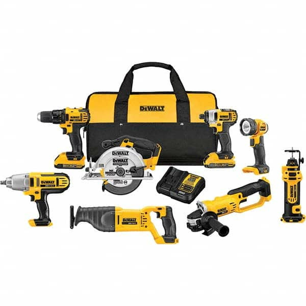 DeWALT - Cordless Tool Combination Kits Voltage: 20 Tools: 1/2" Compact Drill/Driver; 1/4" Impact Driver; 6-1/2 Circular Saw; Reciprocating Saw; 4-1/2"/ 5'' Grinder; Drywall Cut-Out Tool; 1/2" High Torque Impact Wrench; LED Work Light - All Tool & Supply