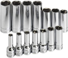 SK - 14 Piece 3/8" Drive Tethered Thin Wall Deep Socket Set - 6 Points, 6 to 19mm, Metric Measurement Standard - All Tool & Supply