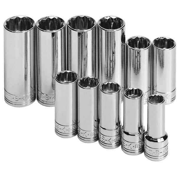 SK - 11 Piece 3/8" Drive Deep Well Socket Set - 12 Points, 9mm to 19mm Range, Metric Measurement Standard - All Tool & Supply