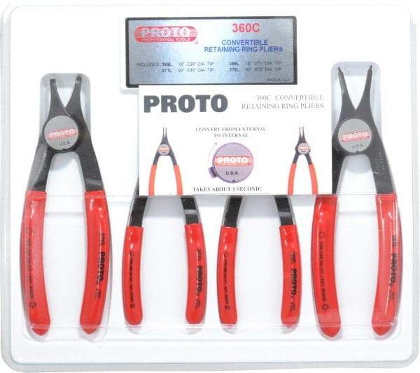 Proto - 4 Piece, 3/8 to 2" Bore, 1/4 to 2" Shaft, Convertible Retaining Ring Pliers Set - 0.038 to 0.07" Tip Diam Range - All Tool & Supply