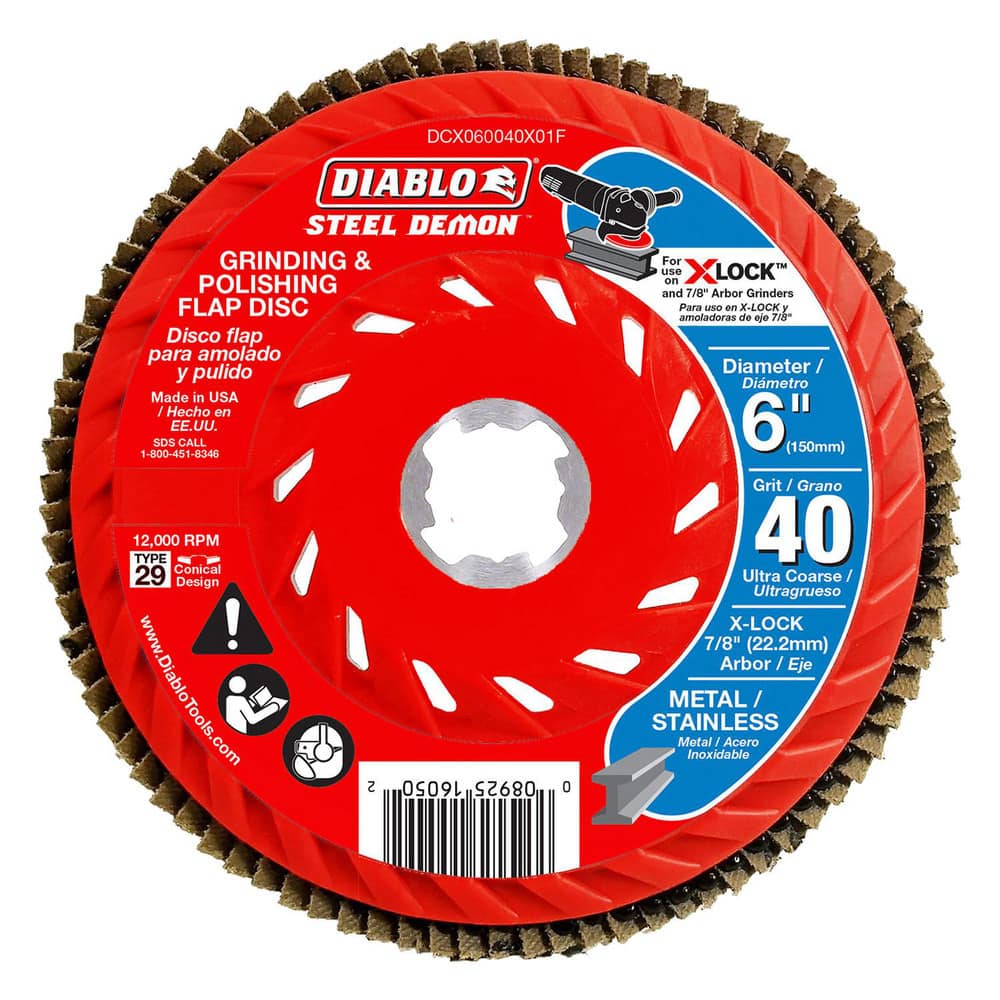 Flap Discs; Flap Disc Type: Type 29; Disc Diameter (Decimal Inch): 6; Center Hole Size: 7/8; Grade: Ultra Coarse; Grit: 40; Maximum Rpm: 10150.000; Disc Color: Red