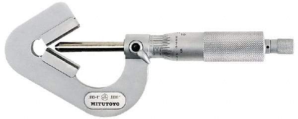 Mitutoyo - 0.05 to 0.6 Inch Measurement, 0.001 Inch Graduation, Accuracy Up to 0.0002 Inch, 3 Flutes Measured, Ratchet Stop Thimble, Mechanical V Anvil Micrometer - 6.35mm Spindle Diameter, Carbide, 23.46mm Throat Depth - All Tool & Supply