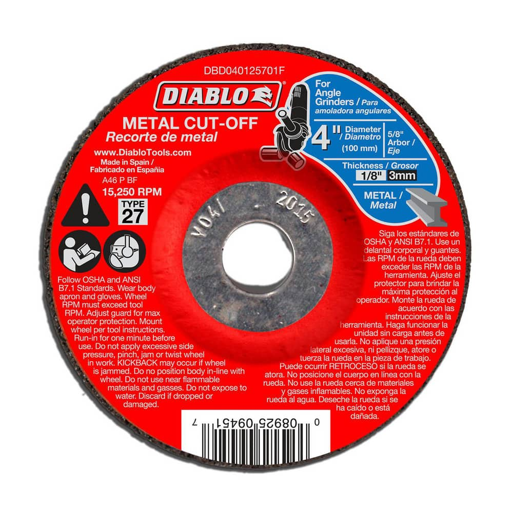 Cutoff Wheels; Wheel Type Number: Type 27; Wheel Diameter (Inch): 4; Wheel Thickness (Inch): 1/8; Hole Size: 5/8; Abrasive Material: Premium Aluminum Oxide Blend; Maximum Rpm: 15250.000; Hole Shape: Round; Wheel Color: Red