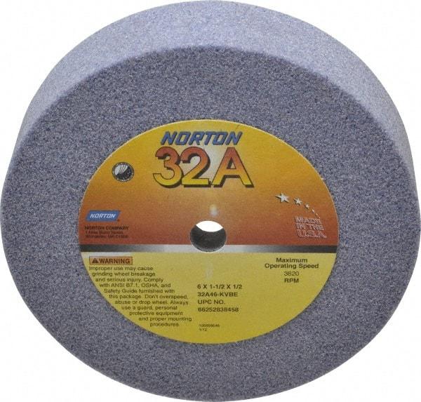 Norton - 6" Diam, 1/2" Hole Size, 1-1/2" Overall Thickness, 46 Grit, Type 6 Tool & Cutter Grinding Wheel - Coarse Grade, Aluminum Oxide, K Hardness, Vitrified Bond, 3,820 RPM - All Tool & Supply