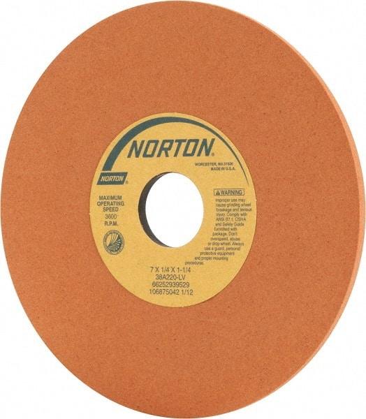 Norton - 7" Diam x 1-1/4" Hole x 1/4" Thick, L Hardness, 220 Grit Surface Grinding Wheel - Aluminum Oxide, Type 1, Very Fine Grade, 3,600 Max RPM, Vitrified Bond, No Recess - All Tool & Supply