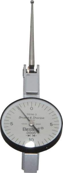 TESA Brown & Sharpe - 0.02 Inch Range, 0.0005 Inch Dial Graduation, Horizontal Dial Test Indicator - 1 Inch White Dial, 0-10-0 Dial Reading, Accurate to 0.0005 Inch - All Tool & Supply