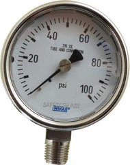 Wika - 2-1/2" Dial, 1/4 Thread, 0-100 Scale Range, Pressure Gauge - Lower Connection Mount, Accurate to 2-1-2% of Scale - All Tool & Supply