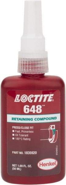 Loctite - 50 mL Bottle, Green, High Strength Liquid Retaining Compound - Series 648, 24 hr Full Cure Time, Heat Removal - All Tool & Supply