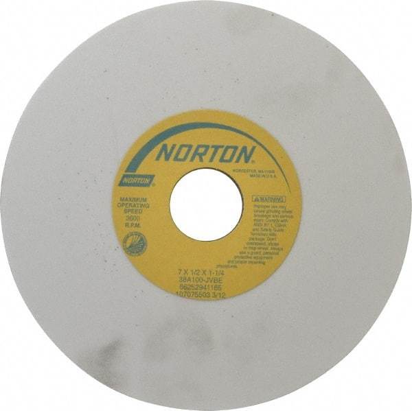 Norton - 7" Diam x 1-1/4" Hole x 1/2" Thick, J Hardness, 100 Grit Surface Grinding Wheel - Aluminum Oxide, Type 1, Fine Grade, 3,600 Max RPM, Vitrified Bond, No Recess - All Tool & Supply