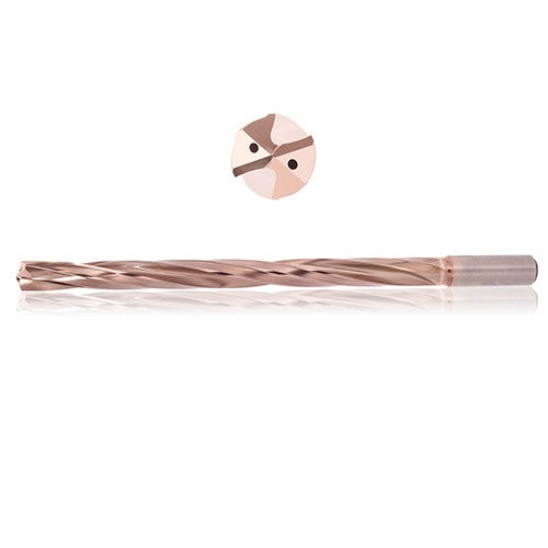 0.4844 mm Dia. × 14 mm Shank × 230 mm Flute Length × 280 mm OAL, 16xD, 135°, ZircoPlus, 2 Flute, Coolant Thru, h6, Cylindrical, Solid Carbide Drill - Exact Industrial Supply