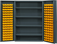 48"W - 14 Gauge - Lockable Cabinet - With 128 Yellow Hook-on Bins - 4 Adjustable Shelves - Deep Door Style - Gray - All Tool & Supply