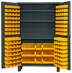 48"W - 14 Gauge - Lockable Cabinet - With 137 Yellow Hook-on Bins - 3 Adjustable Shelves - Flush Door Style - Gray - All Tool & Supply