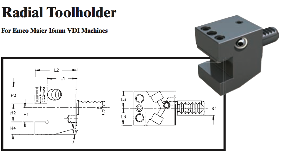 Radial Toolholder (For Emco Maier 16mm VDI Machines) - Part #: CNC86 E45.1616 - All Tool & Supply