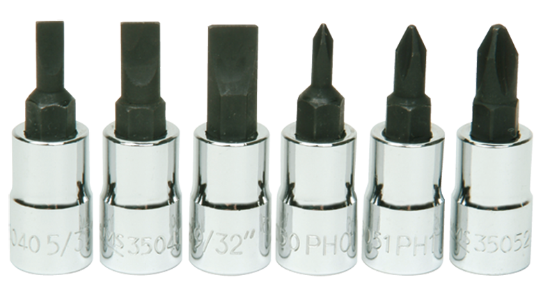 6 Piece - #9309068 - #0; #1; #2 Phillips; 5/32; 7/32; 9/32" Slotted - 1/4" Drive - Socket Drive Hex Bit Set - All Tool & Supply