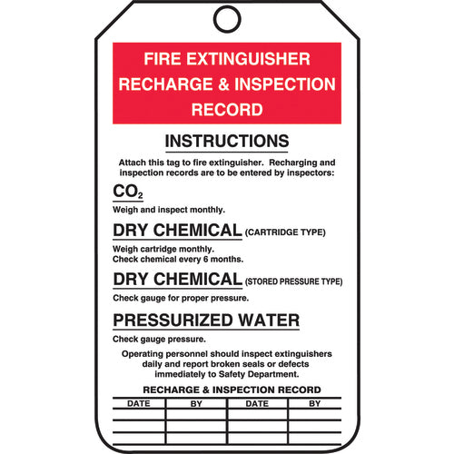 Fire Extinguisher Tag, Recharge & Inspection Record, 25/Pk, Cardstock - All Tool & Supply