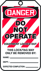 Lockout Tag, Danger Do Not Operate Equipment Locked Out, 25/Pk, Plastic - All Tool & Supply