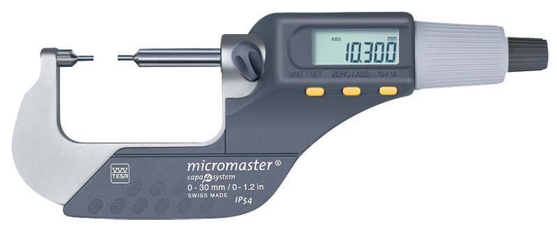 0 - 1.2" / 0 - 30mm Measuring Range - .00005/.001mm Resolution - Friction Thimble - Carbide Face - Electronic Spline Micrometer - All Tool & Supply