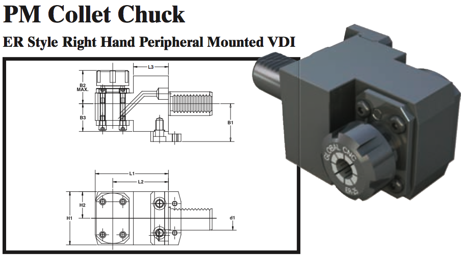 PM Collet Chuck (ER Style Right Hand Peripheral Mounted VDI) - Part #: PM53.3025ER - All Tool & Supply