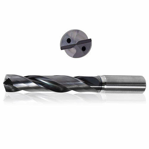 0.4375 mm Dia. × 12 mm Shank × 71 mm Flute Length × 118 mm OAL, 5xD, 150°, Varianta Supral, 2 Flute, Coolant Thru, h6, Cylindrical, Solid Carbide Drill - Exact Industrial Supply