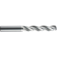 37/64″ Dia. × 0.6299″ Shank × 83 mm Flute Length × 5.236″ OAL, 5xD, 124°, Uncoated, 3 Flute, External, Round Solid Carbide Drill - Exact Industrial Supply