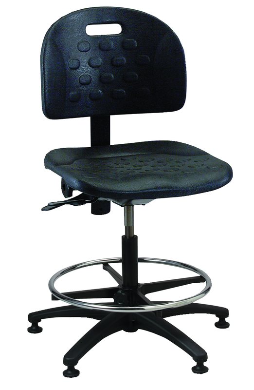 Black Polyurethane Task Stool - Adj. Contoured Backrest, Waterfall Seat, Seat and Back Tilt,  Glides Standard, Pneu Hgt. Adj., 20" Adj. Footring, Black Plastic ABS Base, Bench Hgt 23.5"-33.5" - All Tool & Supply