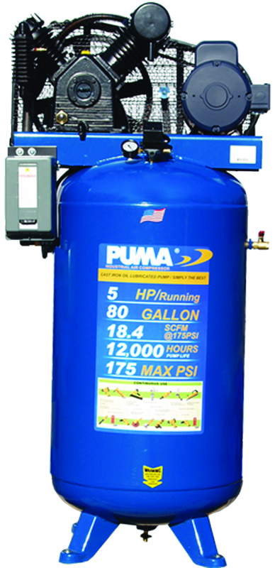 80 Gallon Vertical Tank Two Stage; Belt Drive; 5HP 230V 1PH W/Starter; 18.4CFM@175PSI; 530lbs. - All Tool & Supply