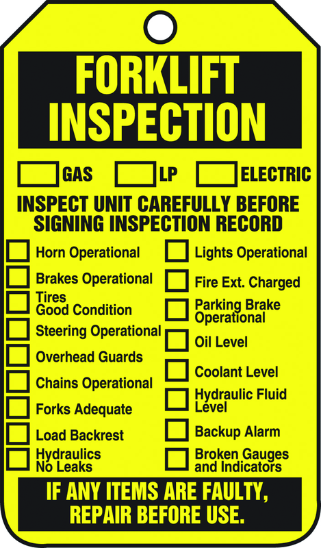 Forklift Tag, Forklift Inspection (Checklist)/Forklift Inspect, 25/Pk, Plastic - All Tool & Supply