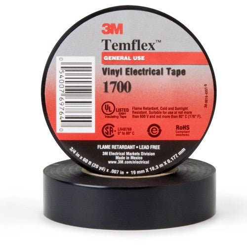 ‎3M Temflex Vinyl Electrical Tape 1700 3/4″ × 36 yd 1-1/2″ Core Black - All Tool & Supply