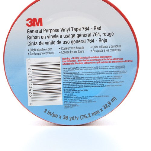 3M General Purpose Vinyl Tape 764 Red 3″ × 36 yd 5 mil Individually Wrapped Conveniently Packaged - All Tool & Supply