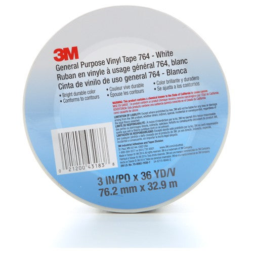 3M General Purpose Vinyl Tape 764 White 3″ × 36 yd 5 mil Individually Wrapped Conveniently Packaged - All Tool & Supply